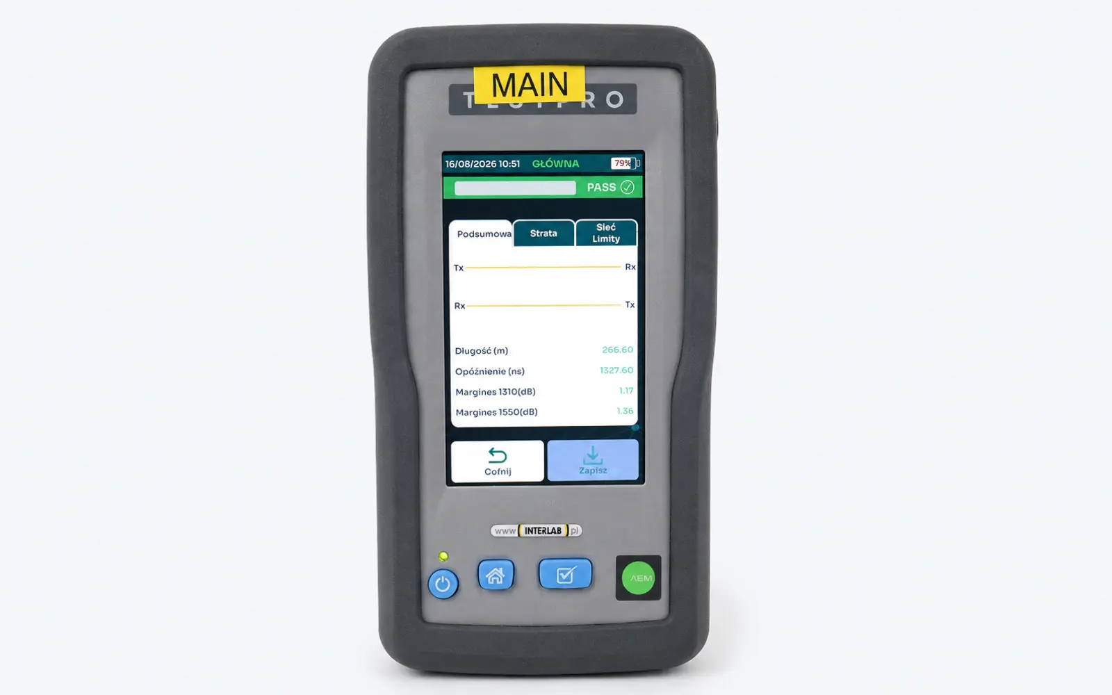 Wynik PASS pomiaru OLTS Tier 1 na mierniku AEM TestPro CV100